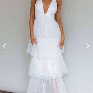 AUGUSTE TIERED FRILL MIDI DRESS WHITE